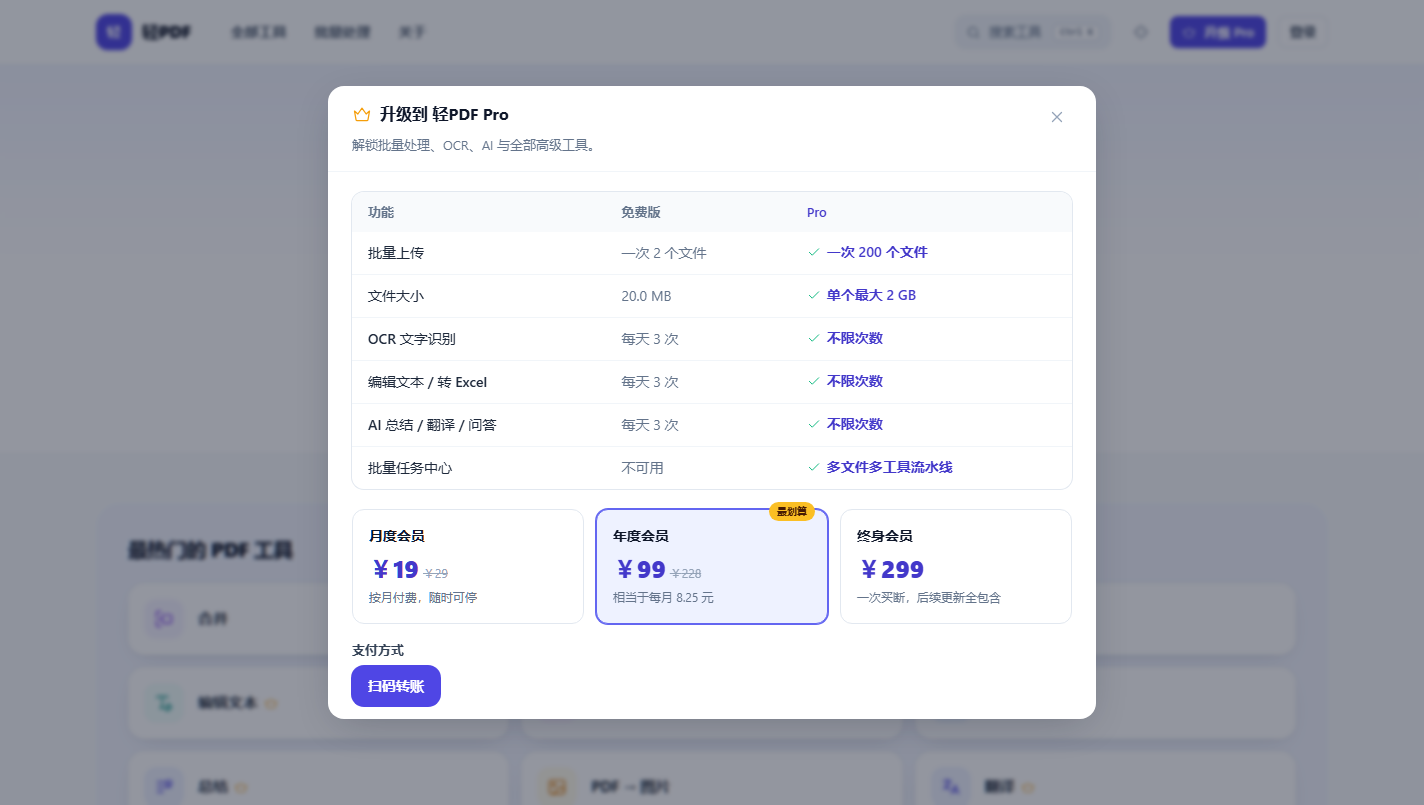 轻PDF 免费版与 Pro 会员功能对比及价格